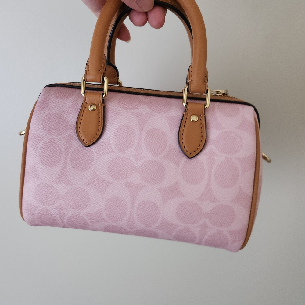 Coach Powder  Pink Signature Mini Satchel with Tan Handles & Gold Hardware Cek79 - Picture 3 of 7